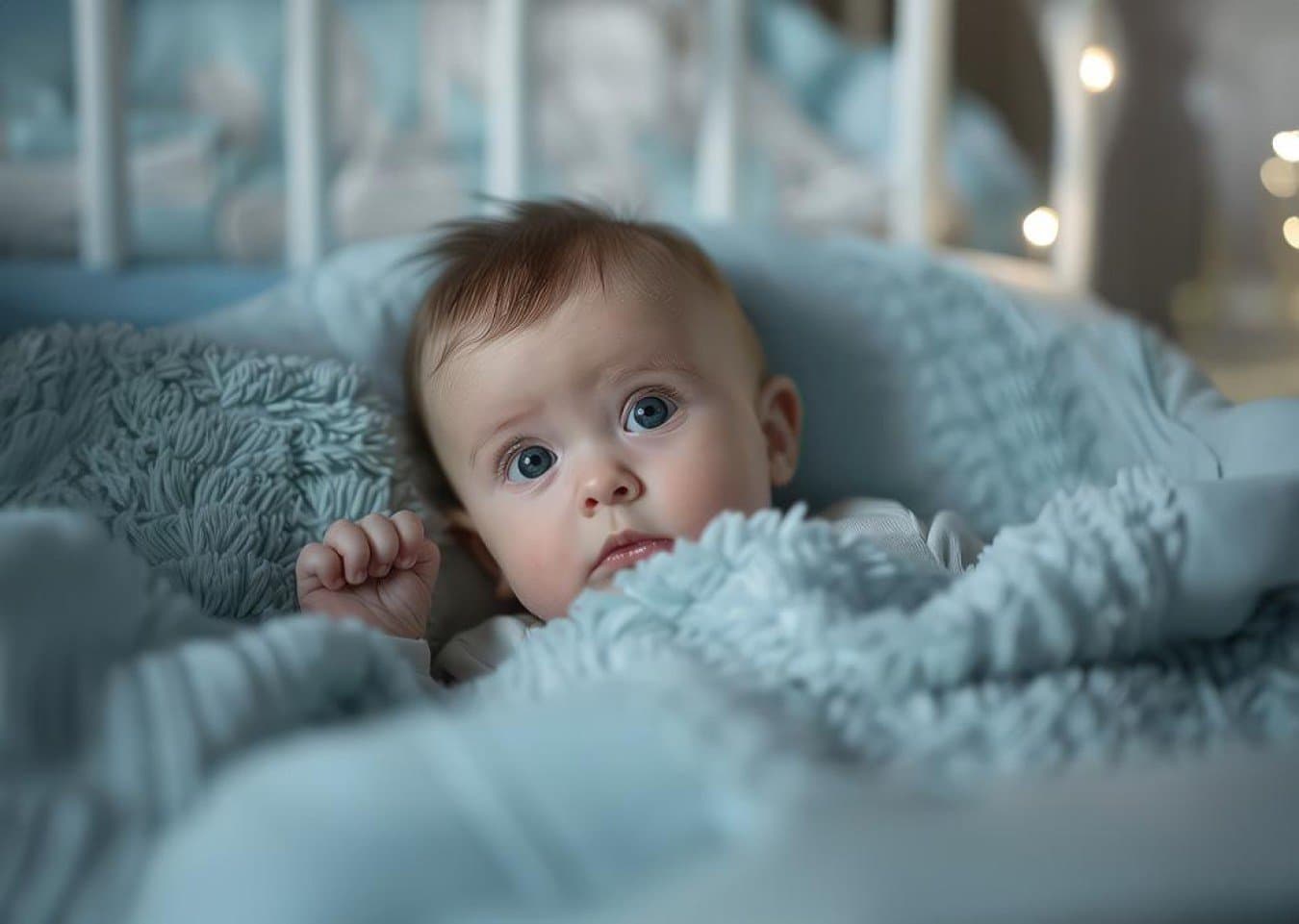 Bébé dans son lit et la pénombre les yeux ouverts